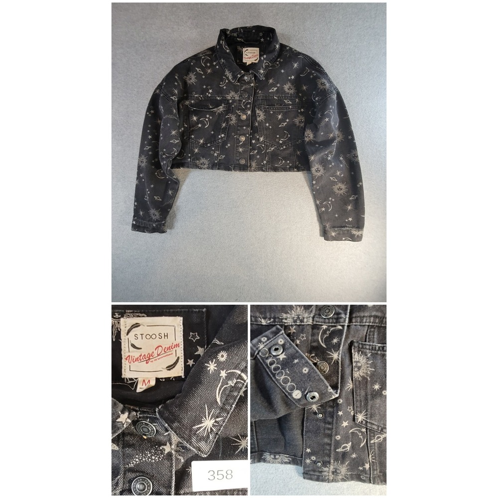 Stoosh Vintage Denim Celestial Print Cropped Jacket Black Sun Moon Star Medium